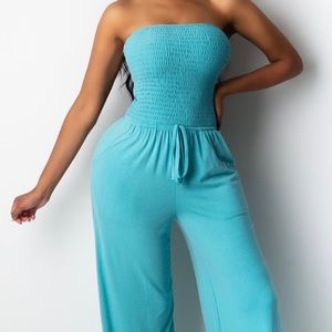 Strapless jumpsuit, one piece, flared bottoms
